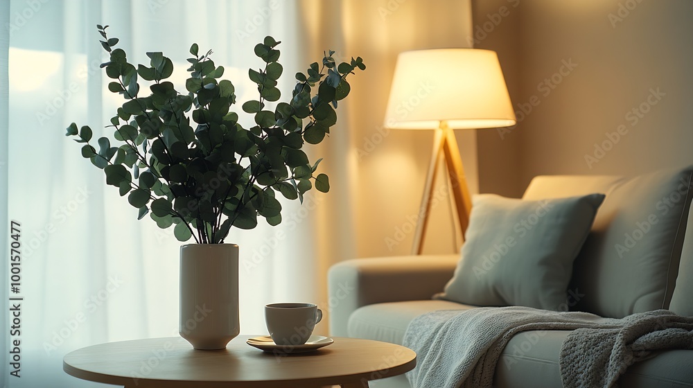 Poster Vertical shot of soft modular couch floor standing lamp side table green eucalyptus in vase and coffee cup in living room Aesthetic composition of classic interior at cozy house : Generative AI