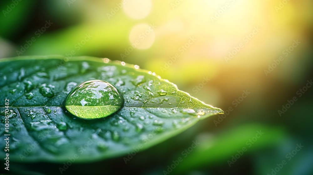 Poster beauty transparent drop of water on a green leaf macro with sun glare beautiful artistic image of en