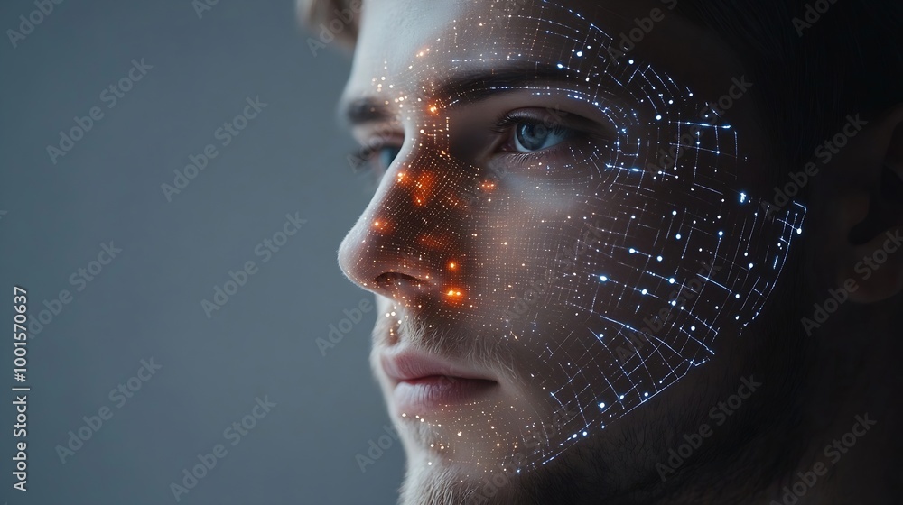 Poster Facial recognition system Man with digital biometric grid and personal data on grey background : Generative AI