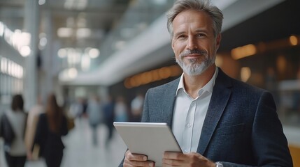 Happy middle aged business man ceo wearing suit standing in office using digital tablet Smiling mature businessman professional executive manager looking away thinking working on tech  : Generative AI
