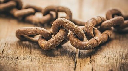 Broken Chains: A macro shot of broken chains lying on a wooden surface. The rusted metal links represent liberation from oppression and the struggle for freedom. 