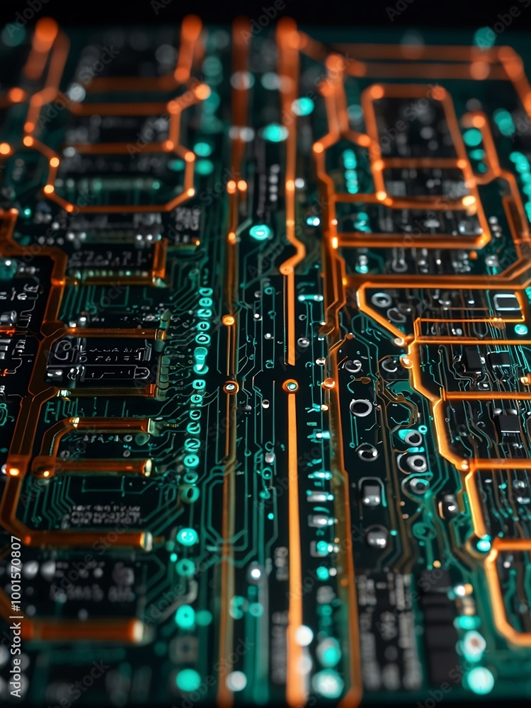 Poster digital circuit board with glowing nodes, representing advanced ai tech.