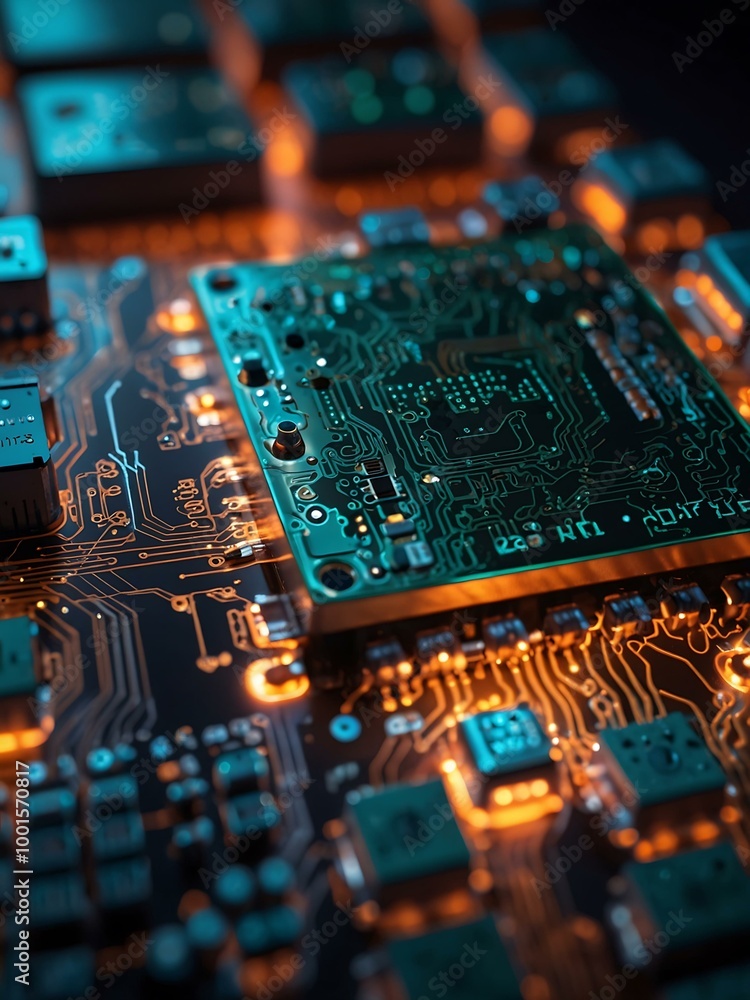 Poster digital circuit board with glowing nodes, representing advanced ai tech.