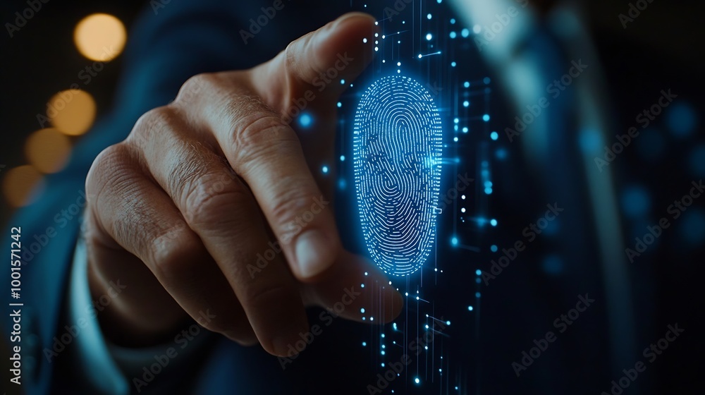 Poster Businessman using fingerprint identification to access personal financial data Idea for Ekyc electronic know your customer biometrics security innovation technology against digital cyb : Generative AI