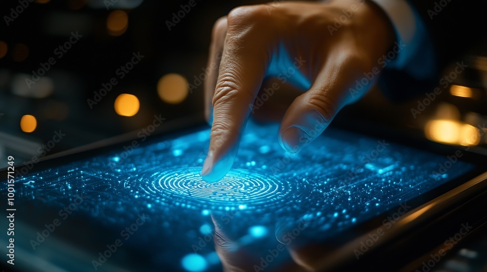 Aufkleber Businessman using tablet and fingerprint scanning unlock and access to business data network Biometric identification and cyber security protect business transaction from online digita : Generative AI