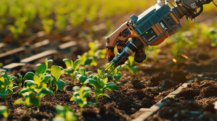 Robotic arm planting seedlings in a farm field with a drone capturing aerial views