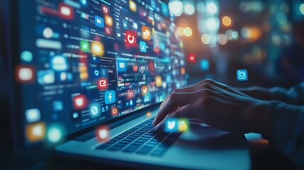 Social media engagement Digital marketing concept Working on computer for creating social media platforms to build relationships and drive sales Engaging activities responding to comme : Generative AI