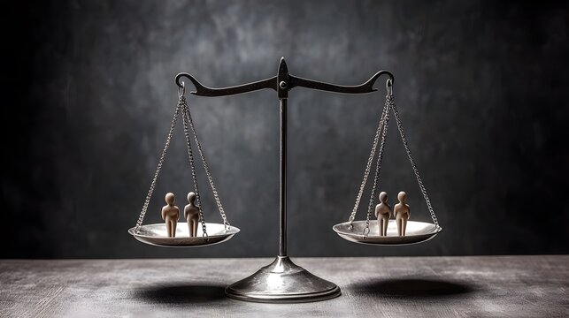 Equal Justice Scales: A close-up of a balanced justice scale, delicately holding human figures instead of weights. The metaphor underscores fairness, equality, and the fight for justice. Clean 
