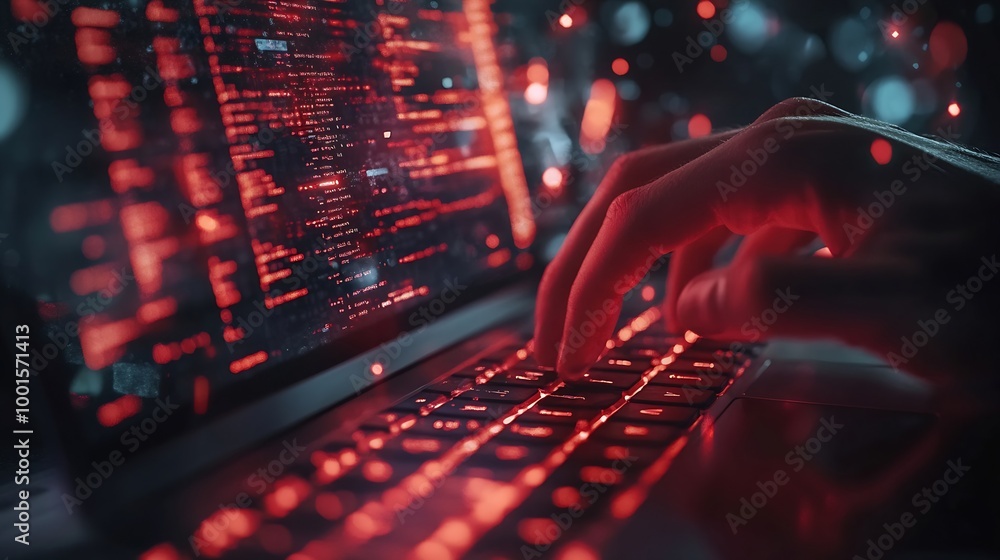 Poster Cyber crime security concept Hand using laptop show malware screen attach from email Hack steal password or personal data Hacker Virus Worm Trojan Adware Spyware and Ransomware awarene : Generative AI