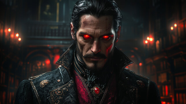 male vampire with glowing red eyes stands dominantly in a dark library, his expression intense under the shadowy, candlelit ambiance