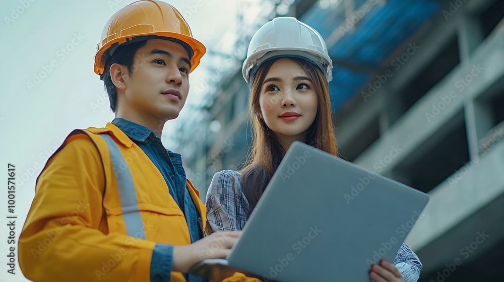 Poster professional asian man and woman teamwork engineer and foreman using laptop working outdoor at const