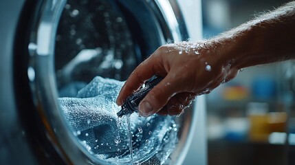 closeup view of a repairman’s hand fixing a washing machine at home, highlighting the essential maintenance work and tools used to ensure proper functioning of household appliances