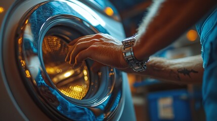 closeup view of a repairman’s hand fixing a washing machine at home, highlighting the essential maintenance work and tools used to ensure proper functioning of household appliances