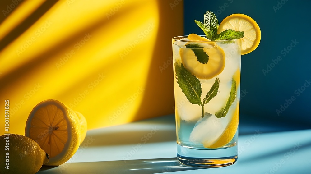Poster A  cold lemonade in a glass with lemon mint and ice on a yellow and blue background with shadow The concept of a refreshing and healthy drink : Generative AI