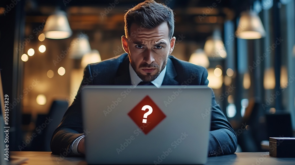 Poster businessman working on laptop computer at office with exclamation alarm caution warning notification
