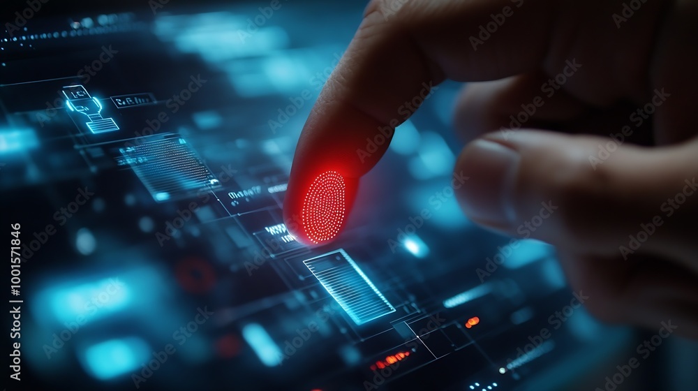 Poster Businessman using fingerprint indentification to access personal financial data for Ekyc electronic know your customer biometrics security innovation technology against digital cyber c : Generative AI