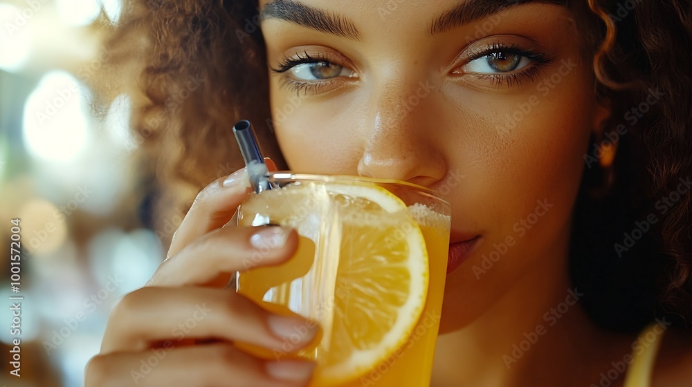 Poster woman drinking a lemonade beverage in a restaurant customer in diner sipping citrus beverage finding