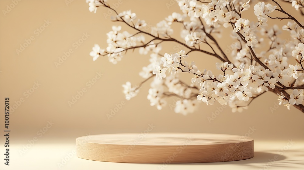 Leinwandbilder geometric empty podium wooden platform stand for product presentation and spring flowering tree bran