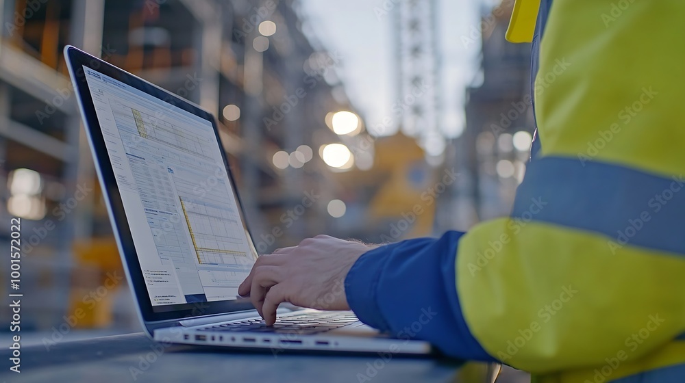 Poster Scheduling and proceeding with task reports updating or tracking engineering progress Project engineer or manager uses laptop to manage construction or operation plans with Gantt chart : Generative AI