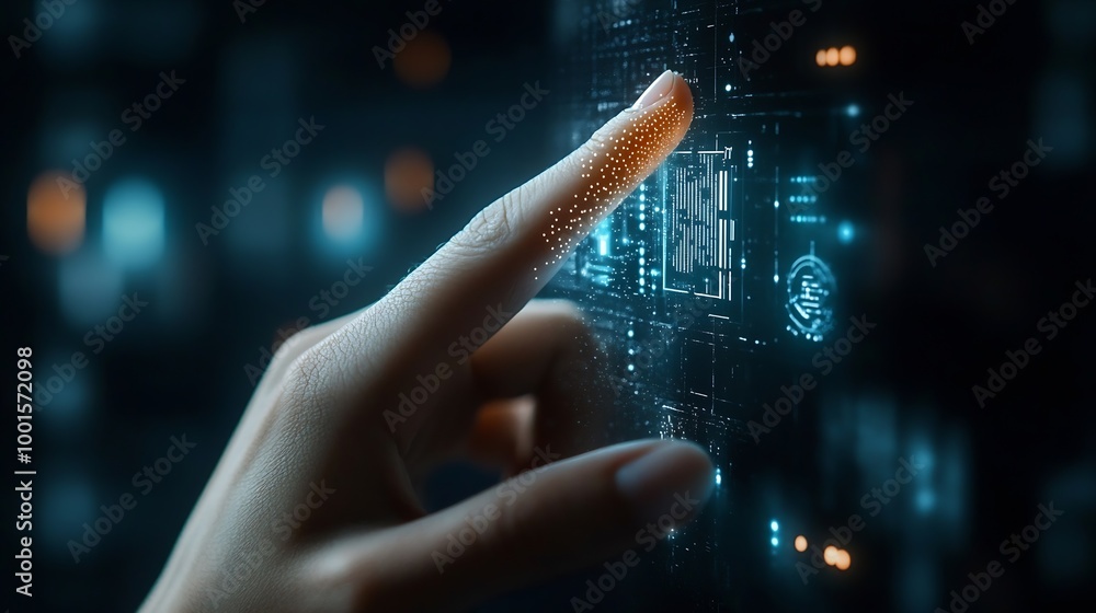 Aufkleber Woman finger and interface in studio for software digital data and augmented reality on dark background Young person or user and touch for innovation technology biometrics security or  : Generative AI
