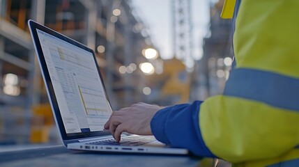 Scheduling and proceeding with task reports updating or tracking engineering progress Project engineer or manager uses laptop to manage construction or operation plans with Gantt chart : Generative AI