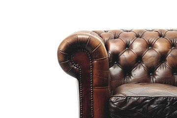 Dark leather couch with metal legs isolated on transparent background