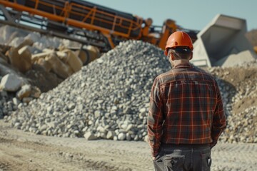 Fototapeta premium A worker in a hard hat stands next to a pile of rocks, suitable for construction or mining scenes