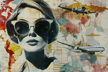 A woman wearing sunglasses sits on a plane, looking out the window