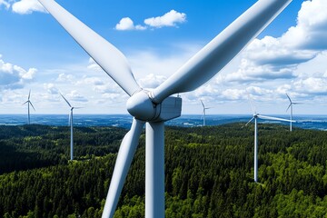 Wind farm near a forest, where tall turbines rise above the trees, generating energy without harming the environment