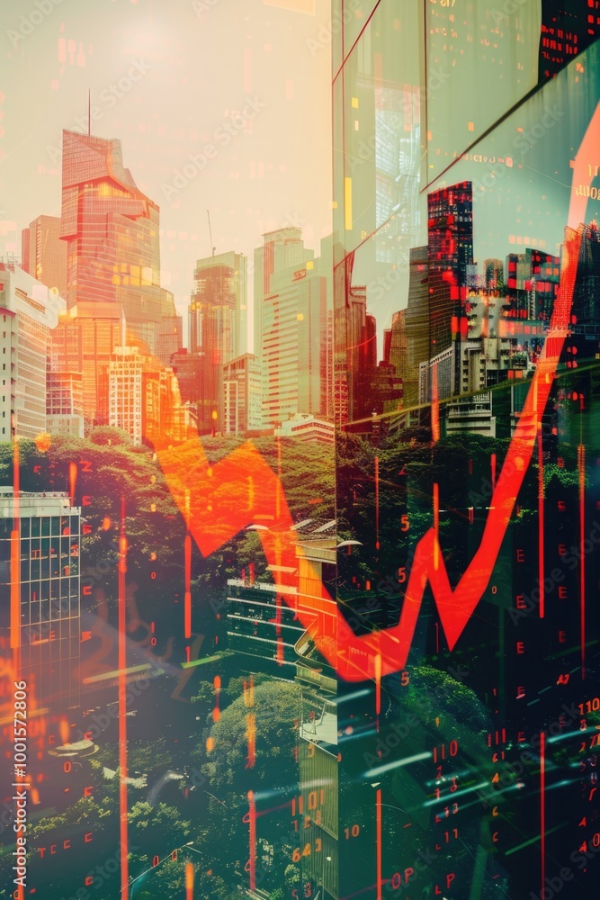 Poster urban landscape with modern architecture and a prominent red arrow pointing direction