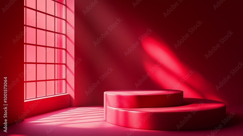 Poster Abstract red studio background for product presentation Backdrop with shadows of window for display product : Generative AI