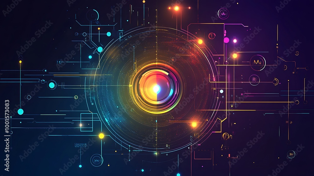 Poster Abstract futuristic tech background with a glowing circular element and circuit lines.