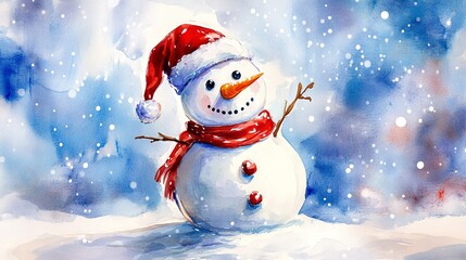 Fototapeta premium Snowman in santa hat watercolor