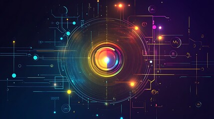 Obraz premium Abstract futuristic tech background with a glowing circular element and circuit lines.
