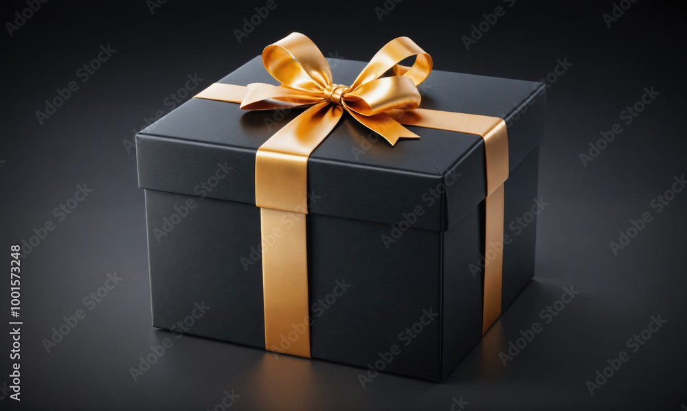 Wall mural a black gift box with a gold ribbon sits on a black surface