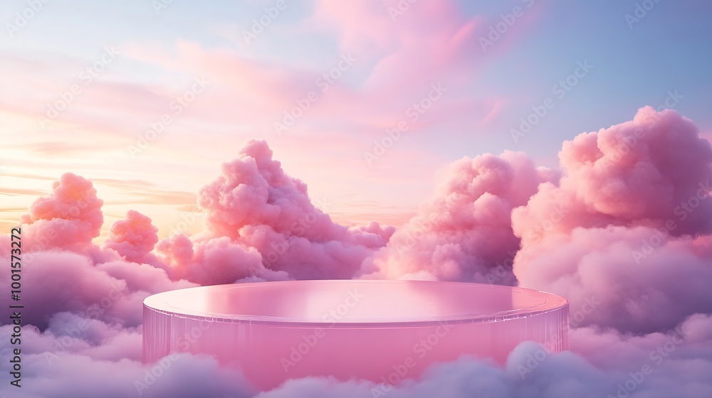 Aufkleber front view of transparent podium decorated with pinky cloudy sky background abstract content : gener