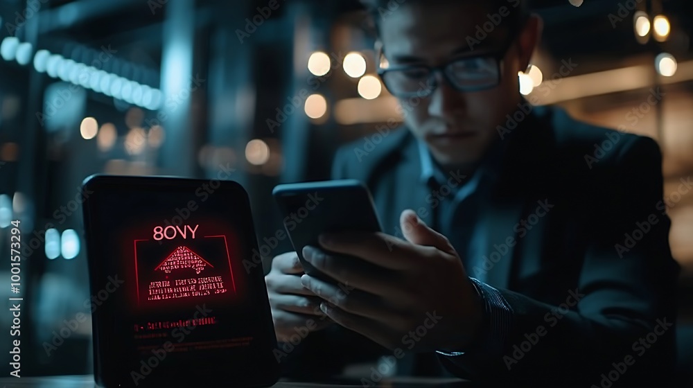 Aufkleber Business man using smartphone and computer that show warning sign after got attack phishing email by malware from hacker that commit cyber crime or software crash to cause an error : Generative AI