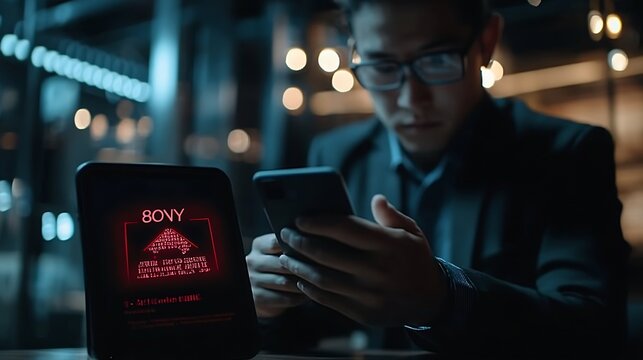 Business man using smartphone and computer that show warning sign after got attack phishing email by malware from hacker that commit cyber crime or software crash to cause an error : Generative AI