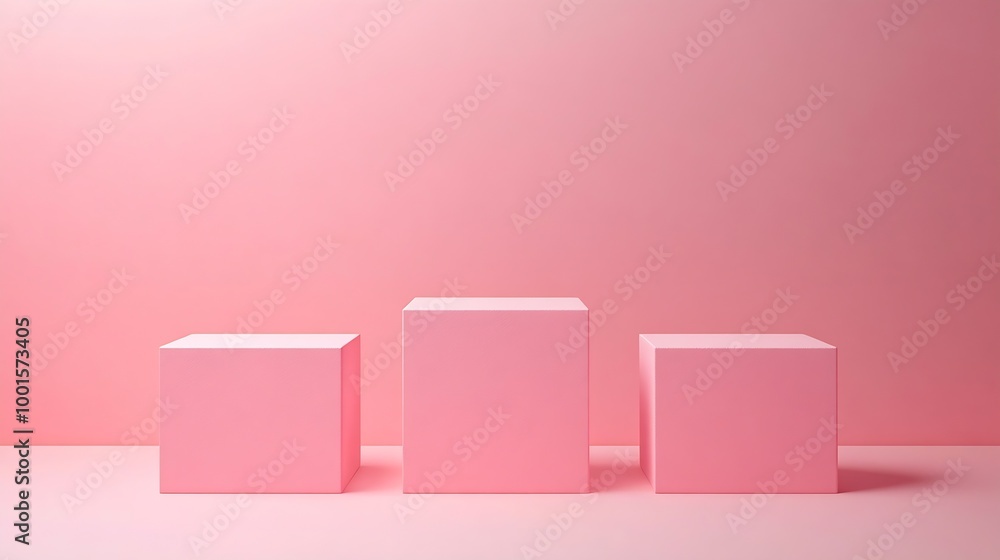 Aufkleber Awarding podium made of three 3d pastel square shapes of different sized against blank pink background for copy space : Generative AI
