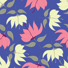 blue seamless vector stock flowers with leaves pattern on cream background