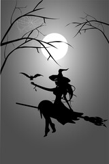 Witch moon bat. Young, beautiful witch in the moonlight