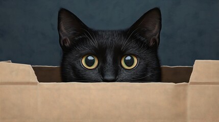 A curious black cat peeks out from inside a cardboard box, showcasing its bright yellow eyes against a dark background.