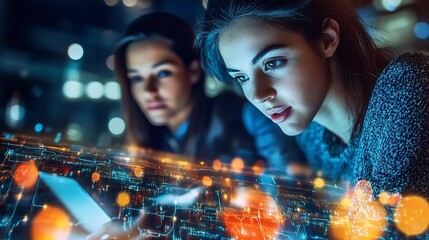 Image of data processing over diverse business people using laptop global business and digital interface concept digitally generated image : Generative AI