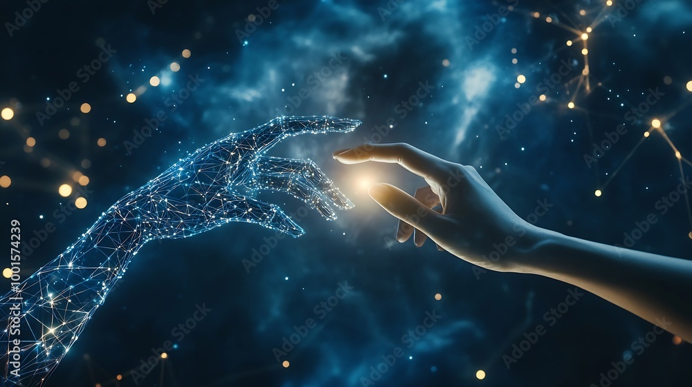 Aufkleber AI Machine learning Hands of robot and human touching on big data network connection background Science and artificial intelligence technology innovation and futuristic : Generative AI