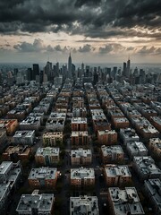 Drone view of a city under cloudy skies.