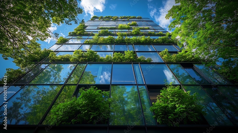 Aufkleber ecofriendly building in the modern city sustainable glass office building with trees for reducing he