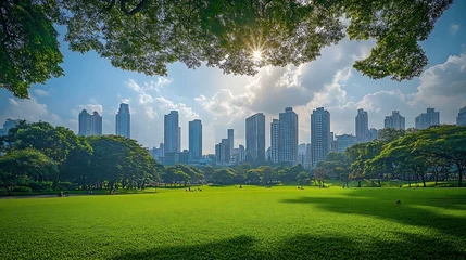Public park and highrise buildings cityscape in metropolis city center  Green environment city and downtown business district in panoramic view : Generative AI