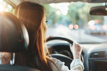 A woman behind the wheel of a car on a urban road