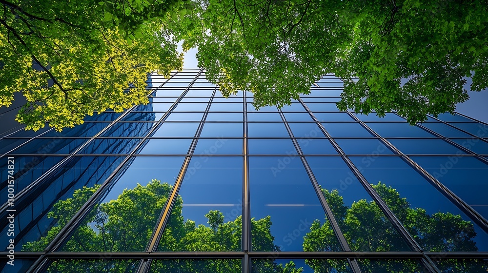 Aufkleber ecofriendly building in the modern city sustainable glass office building with trees for reducing he