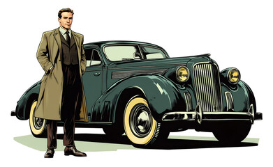 Classic Vintage Car with Stylish Man, Retro Style Vector Illustration of Luxury and Elegance, Cutout, Isolated on Transparent PNG/White Background.